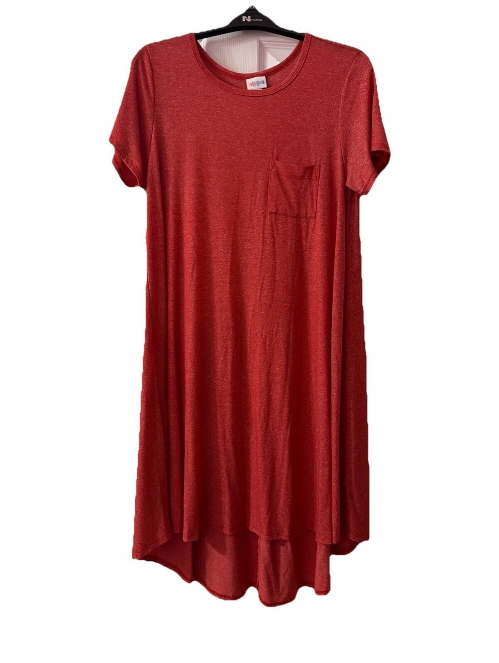 LuLaRoe Carly T-shirt Dress Size Medium Orange/Red Short Sleeve High Low Dress